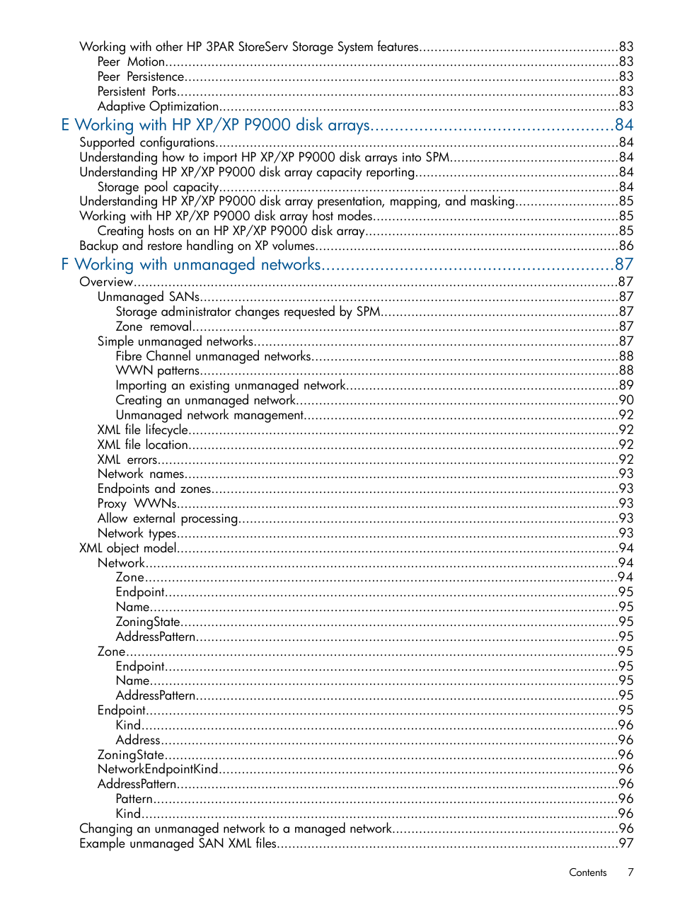 E working with hp xp/xp p9000 disk arrays, F working with unmanaged networks | HP Matrix Operating Environment Software User Manual | Page 7 / 120