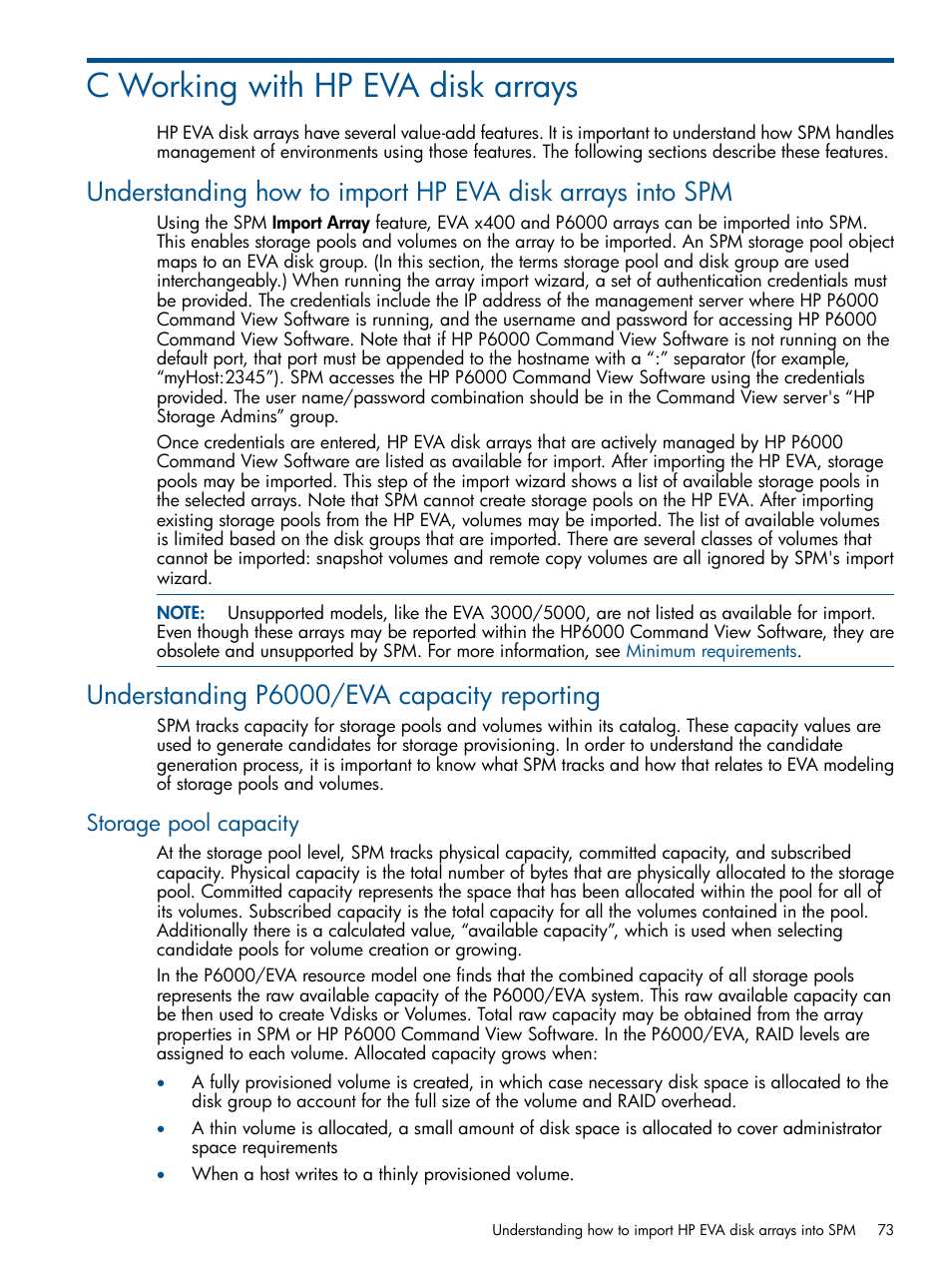 C working with hp eva disk arrays, Understanding p6000/eva capacity reporting, Storage pool capacity | Working with eva | HP Matrix Operating Environment Software User Manual | Page 73 / 120