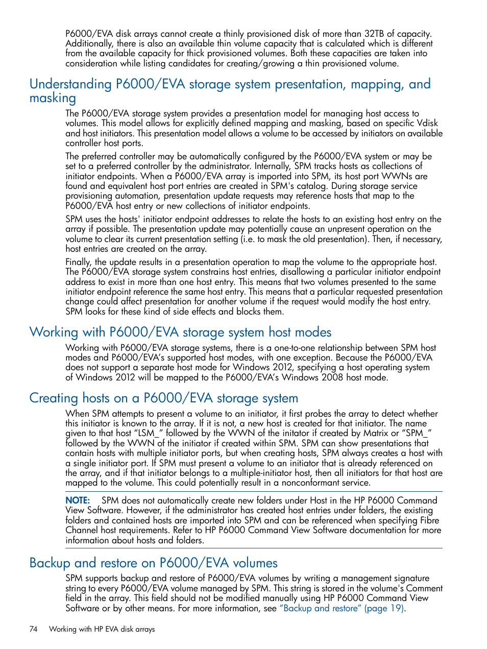 Working with p6000/eva storage system host modes, Creating hosts on a p6000/eva storage system, Backup and restore on p6000/eva volumes | HP Matrix Operating Environment Software User Manual | Page 74 / 120