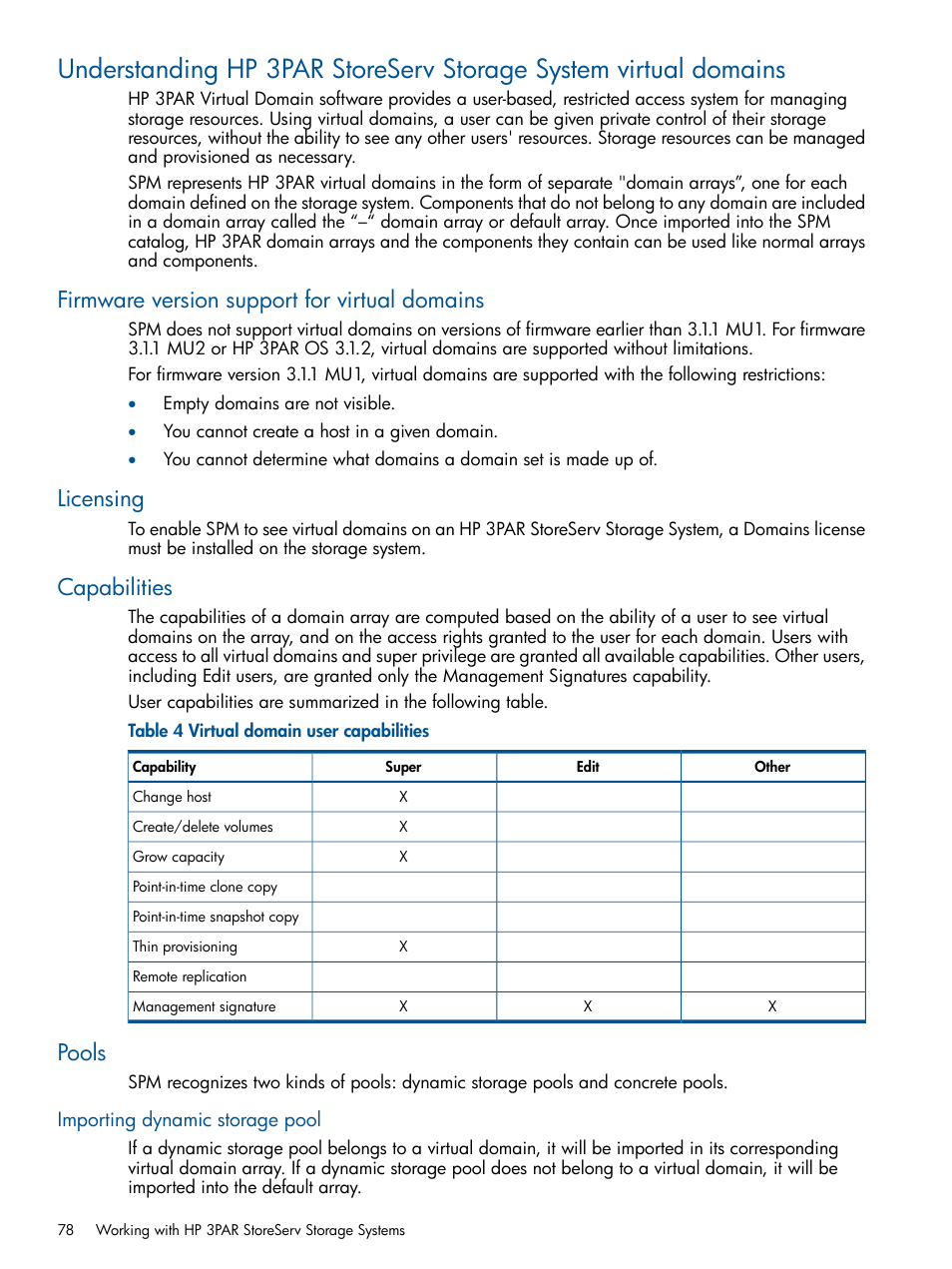 Firmware version support for virtual domains, Licensing, Capabilities | Pools, Importing dynamic storage pool | HP Matrix Operating Environment Software User Manual | Page 78 / 120