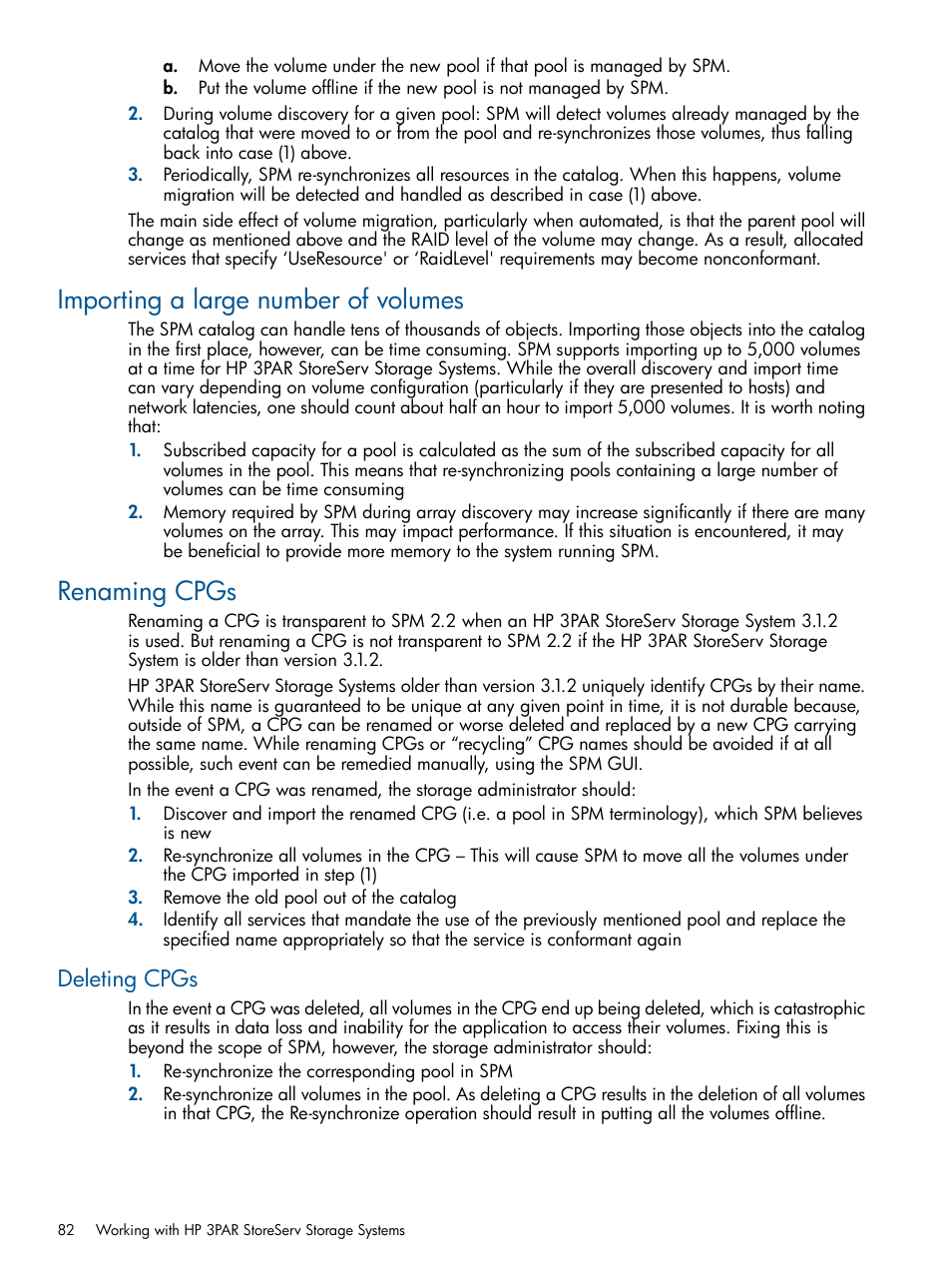 Importing a large number of volumes, Renaming cpgs, Deleting cpgs | Importing a large number of volumes renaming cpgs | HP Matrix Operating Environment Software User Manual | Page 82 / 120