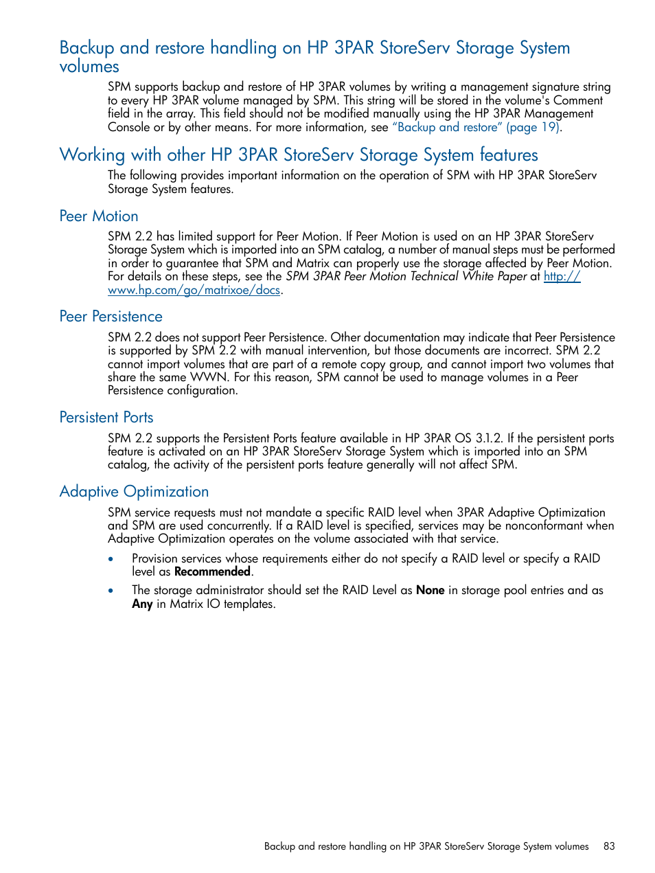 Peer motion, Peer persistence, Persistent ports | Adaptive optimization | HP Matrix Operating Environment Software User Manual | Page 83 / 120