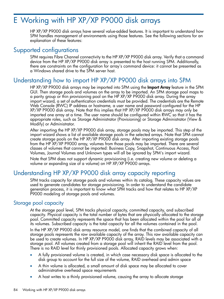 E working with hp xp/xp p9000 disk arrays, Supported configurations, Storage pool capacity | Working | HP Matrix Operating Environment Software User Manual | Page 84 / 120