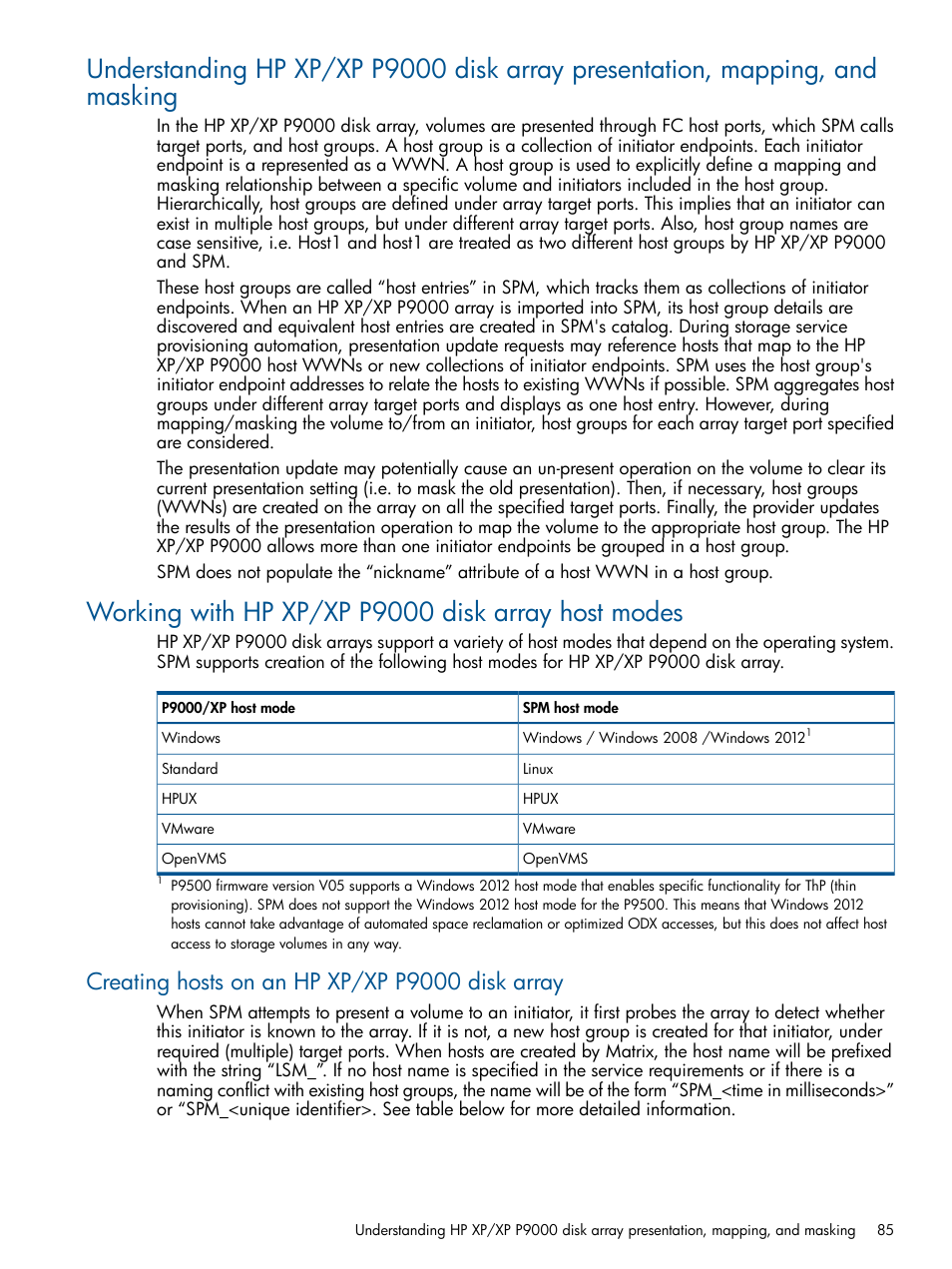 Working with hp xp/xp p9000 disk array host modes, Creating hosts on an hp xp/xp p9000 disk array | HP Matrix Operating Environment Software User Manual | Page 85 / 120