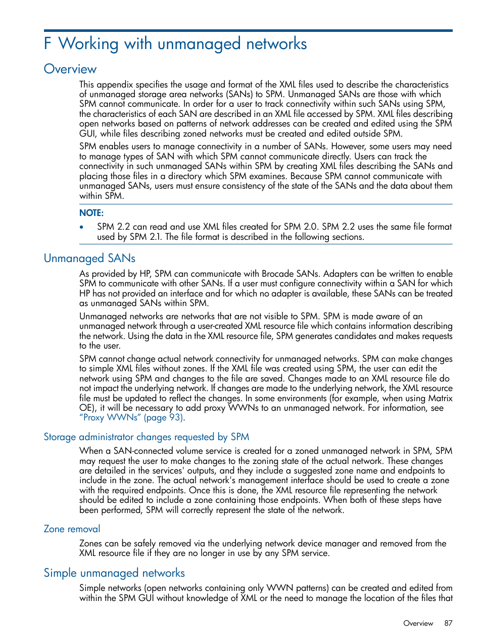 F working with unmanaged networks, Overview, Unmanaged sans | Storage administrator changes requested by spm, Zone removal, Simple unmanaged networks, Working with unmanaged networks | HP Matrix Operating Environment Software User Manual | Page 87 / 120