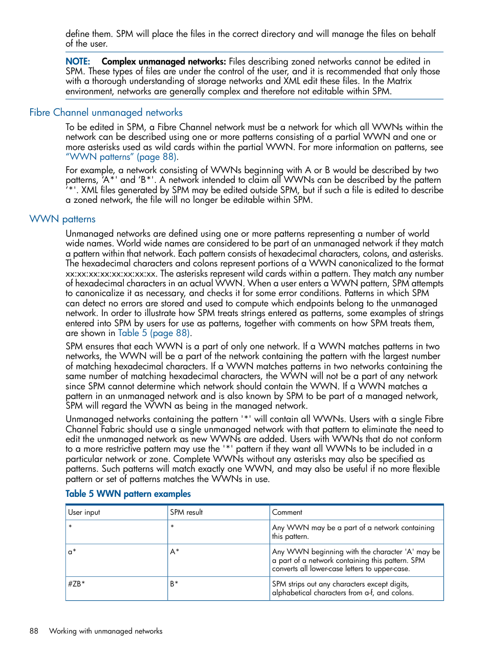 Fibre channel unmanaged networks, Wwn patterns, Fibre channel unmanaged networks wwn patterns | HP Matrix Operating Environment Software User Manual | Page 88 / 120