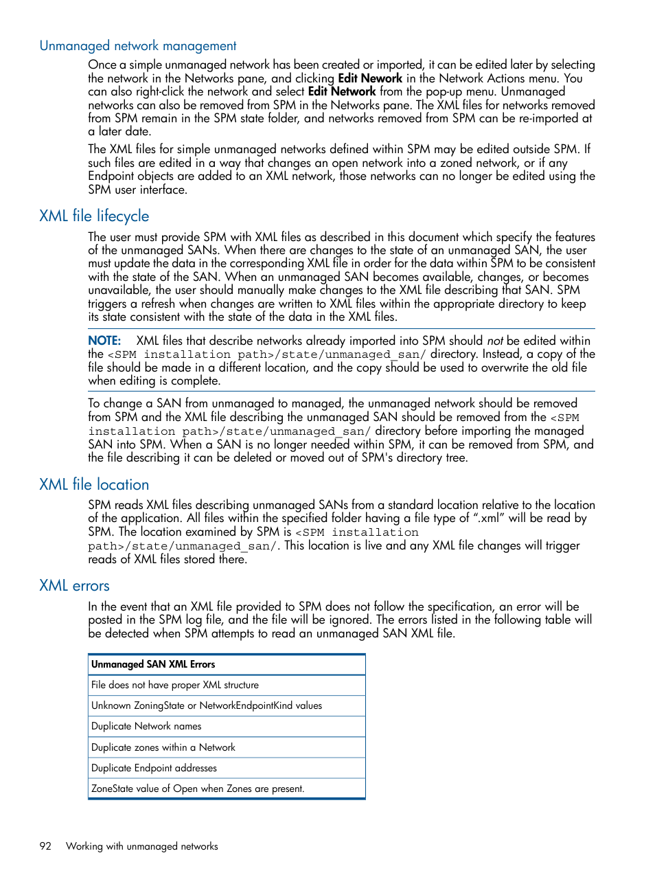 Unmanaged network management, Xml file lifecycle, Xml file location | Xml errors, Xml file lifecycle xml file location xml errors | HP Matrix Operating Environment Software User Manual | Page 92 / 120