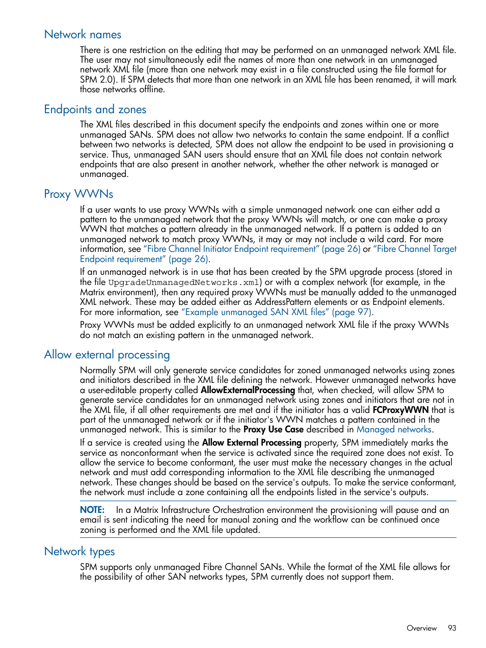 Network names, Endpoints and zones, Proxy wwns | Allow external processing, Network types | HP Matrix Operating Environment Software User Manual | Page 93 / 120