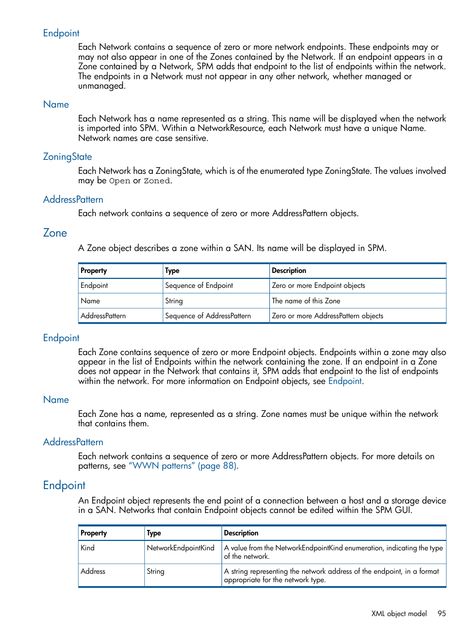 Endpoint, Name, Zoningstate | Addresspattern, Zone, Endpoint name zoningstate addresspattern, Endpoint name addresspattern | HP Matrix Operating Environment Software User Manual | Page 95 / 120