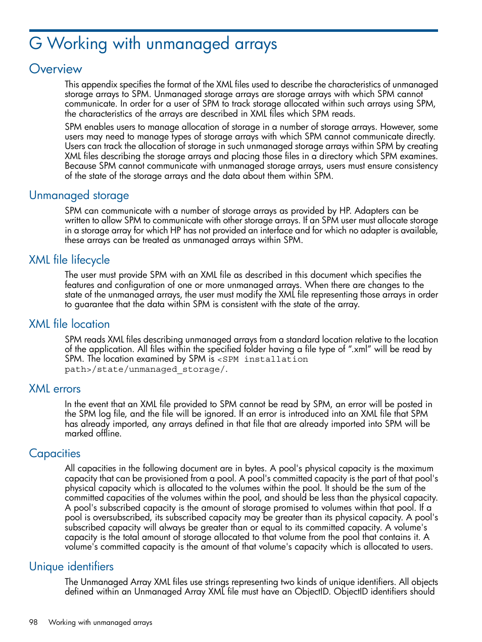 G working with unmanaged arrays, Overview, Unmanaged storage | Xml file lifecycle, Xml file location, Xml errors, Capacities, Unique identifiers, Working with, Unmanaged arrays | HP Matrix Operating Environment Software User Manual | Page 98 / 120