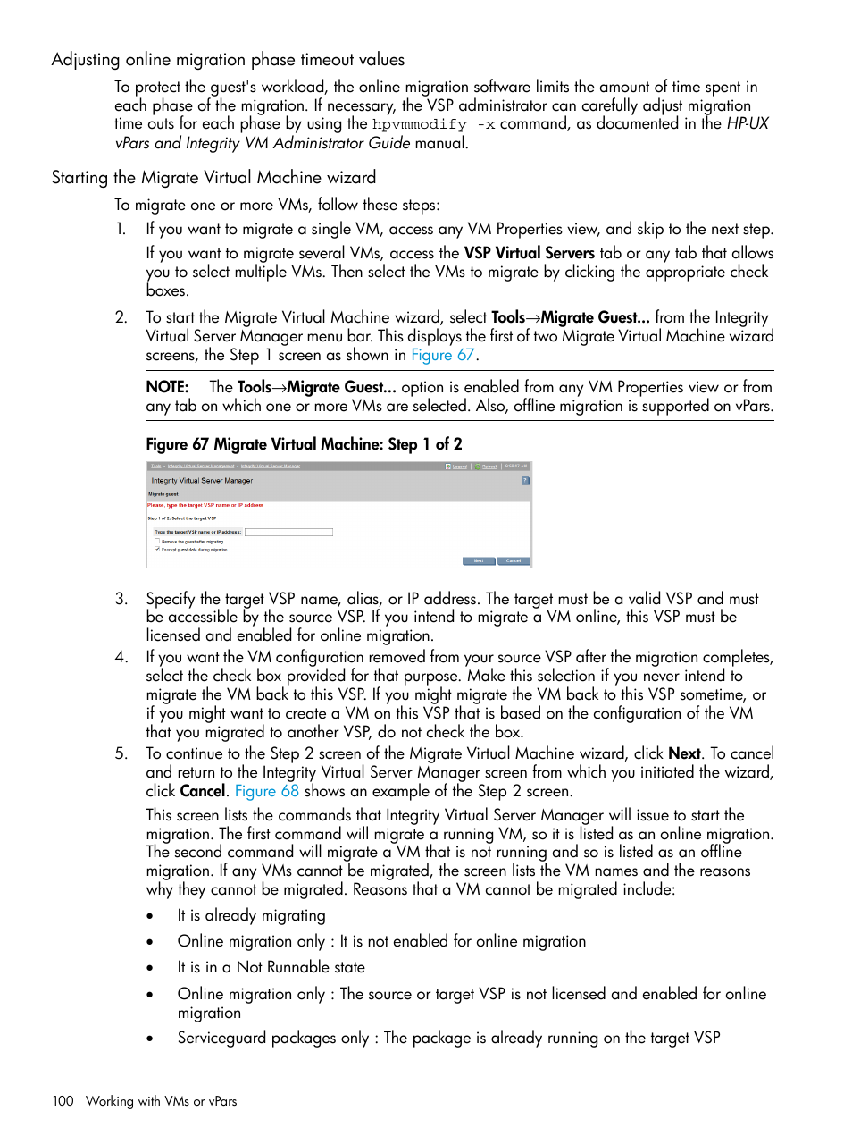 Adjusting online migration phase timeout values, Starting the migrate virtual machine wizard | HP Matrix Operating Environment Software User Manual | Page 100 / 152