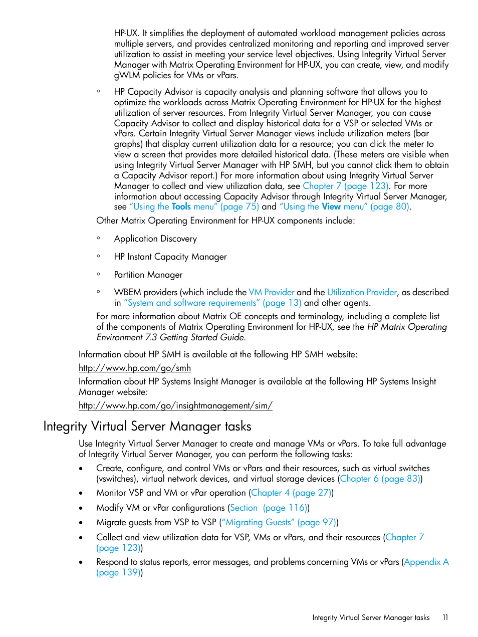 Integrity virtual server manager tasks | HP Matrix Operating Environment Software User Manual | Page 11 / 152