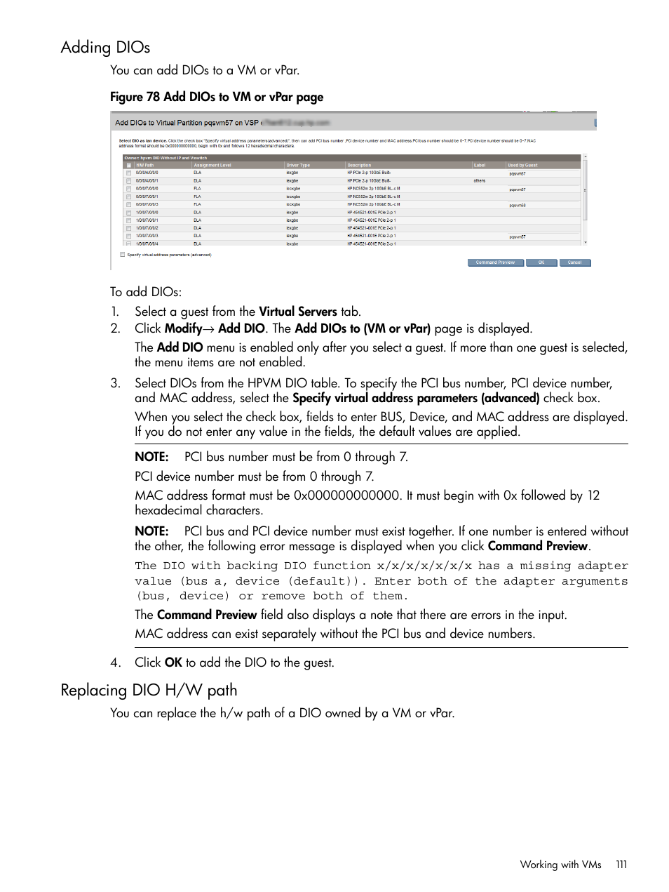 Adding dios, Replacing dio h/w path, Adding dios replacing dio h/w path | HP Matrix Operating Environment Software User Manual | Page 111 / 152