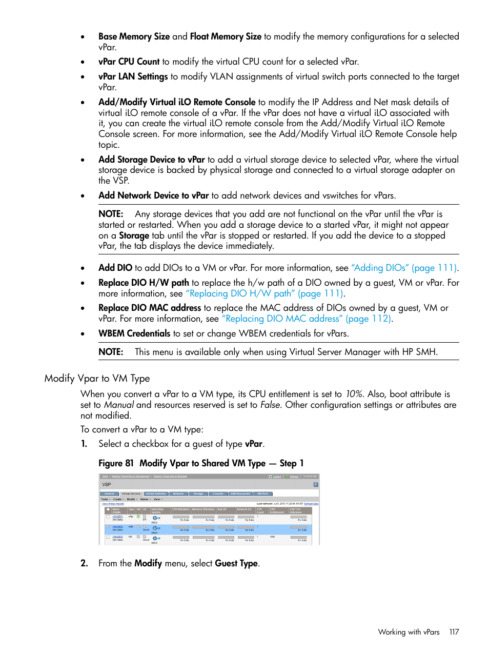 Modify vpar to vm type | HP Matrix Operating Environment Software User Manual | Page 117 / 152