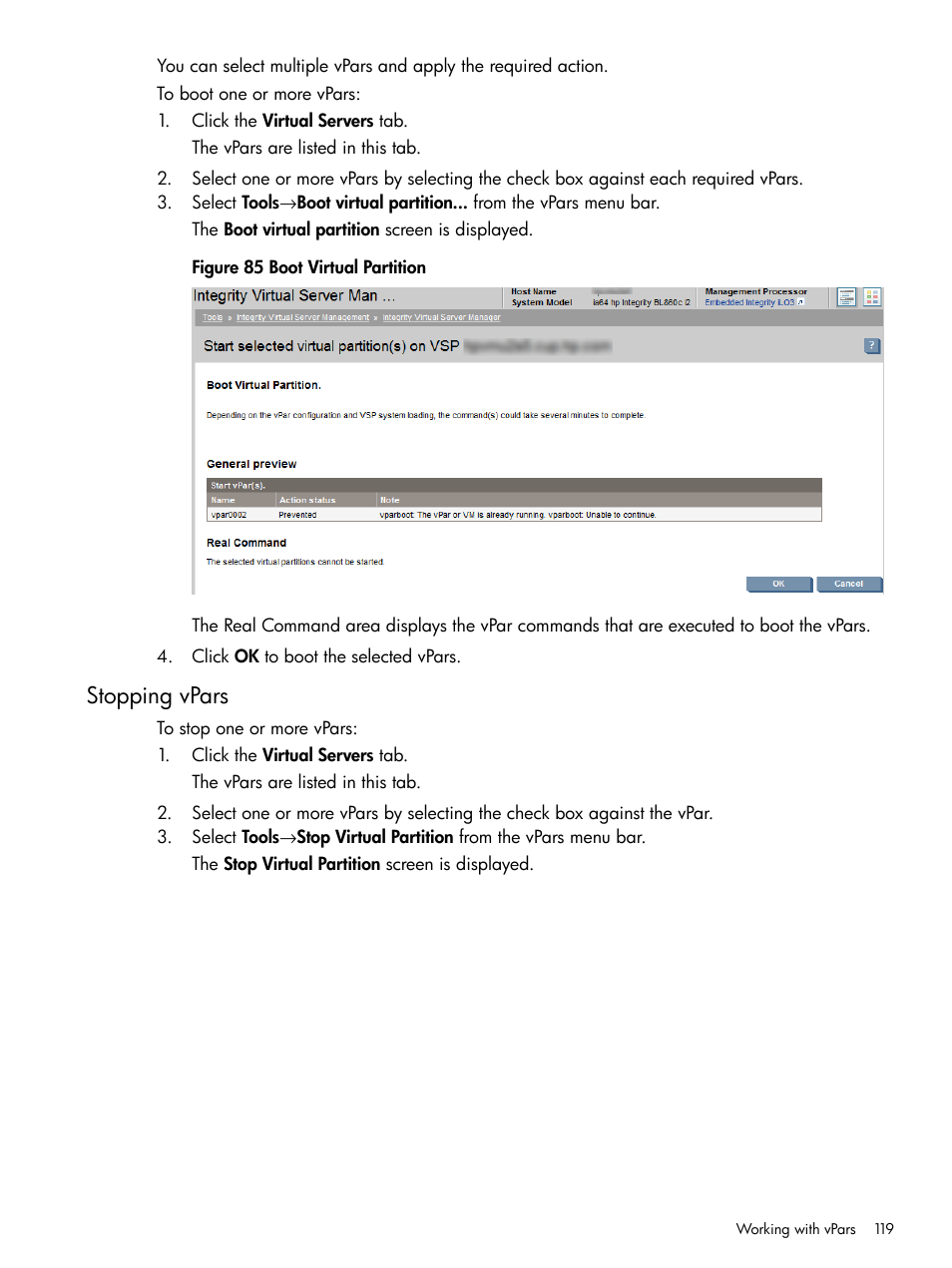 Stopping vpars | HP Matrix Operating Environment Software User Manual | Page 119 / 152