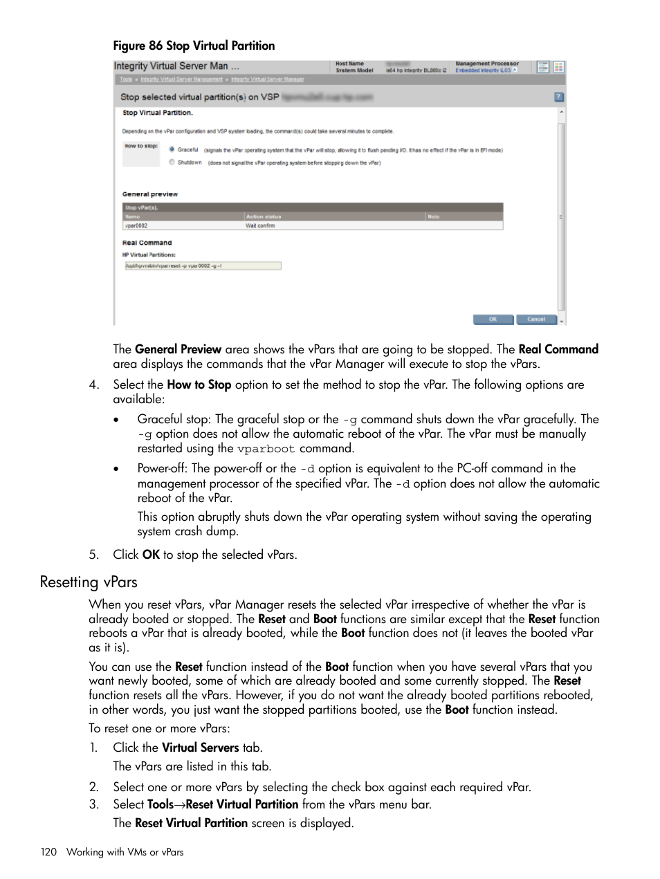 Resetting vpars | HP Matrix Operating Environment Software User Manual | Page 120 / 152