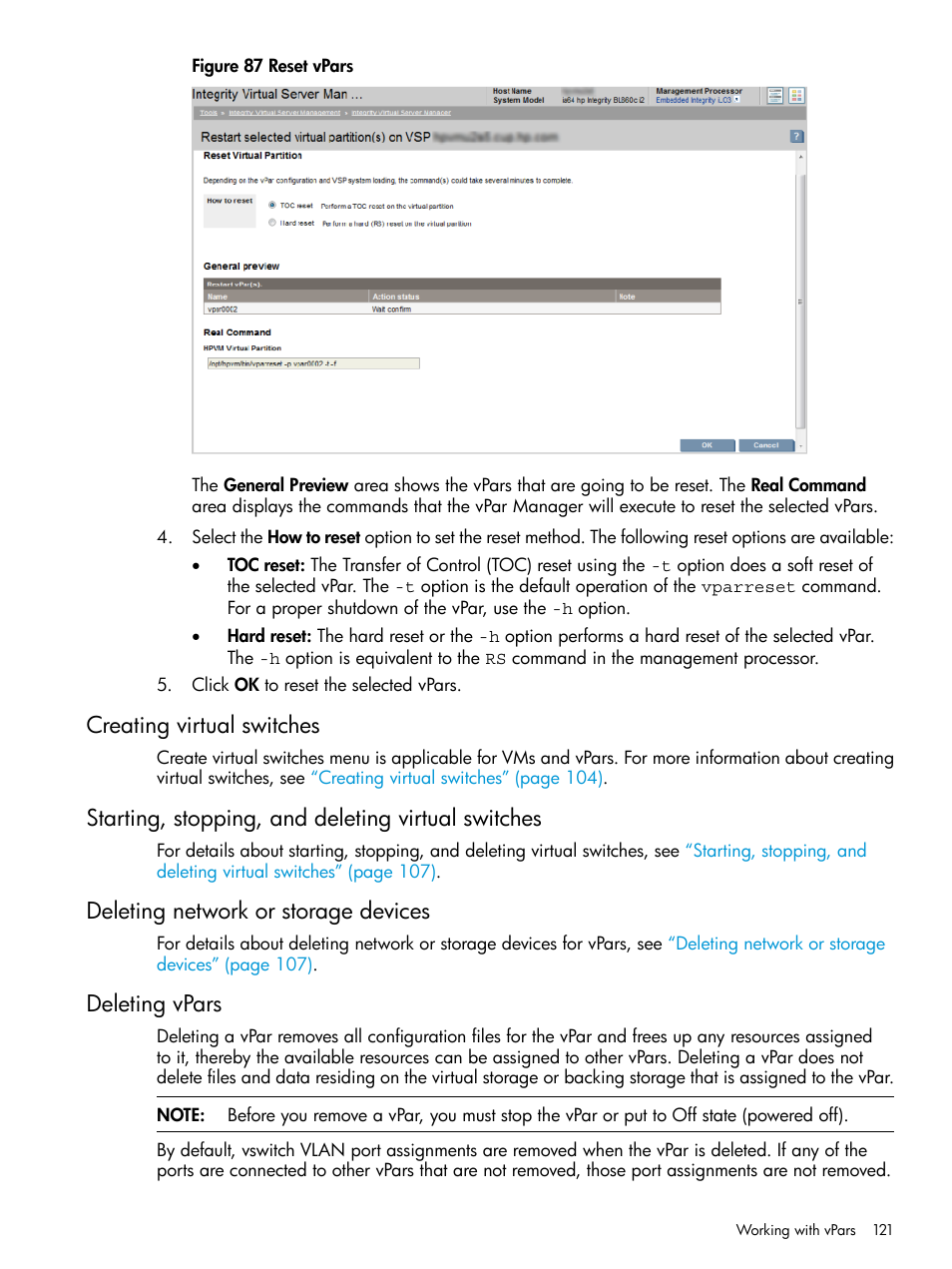 Creating virtual switches, Starting, stopping, and deleting virtual switches, Deleting network or storage devices | Deleting vpars | HP Matrix Operating Environment Software User Manual | Page 121 / 152