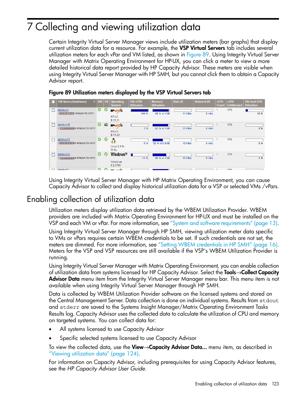 7 collecting and viewing utilization data, Enabling collection of utilization data, Chapter 7 | HP Matrix Operating Environment Software User Manual | Page 123 / 152