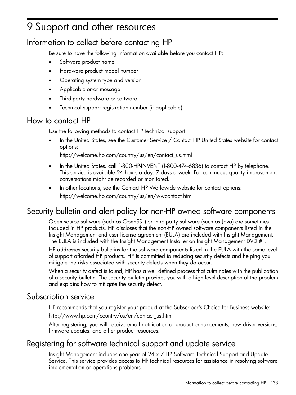 9 support and other resources, Information to collect before contacting hp, How to contact hp | Subscription service | HP Matrix Operating Environment Software User Manual | Page 133 / 152