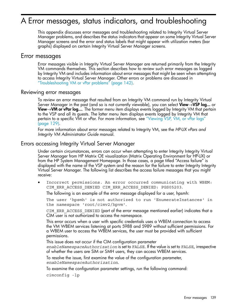 Error messages, Reviewing error messages, Errors accessing integrity virtual server manager | Appendix a | HP Matrix Operating Environment Software User Manual | Page 139 / 152