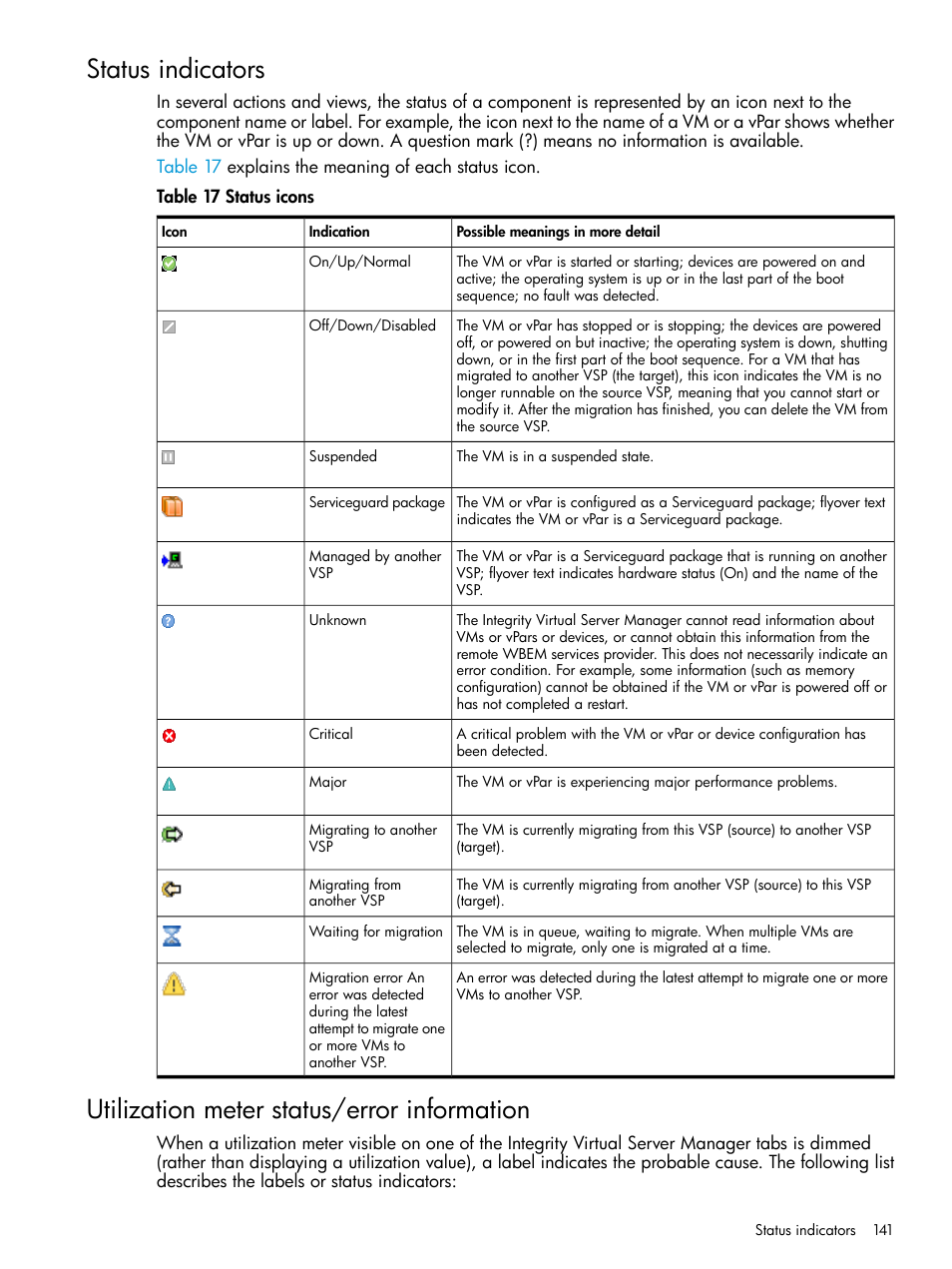 Status indicators, Utilization meter status/error information, Utilization meter | HP Matrix Operating Environment Software User Manual | Page 141 / 152