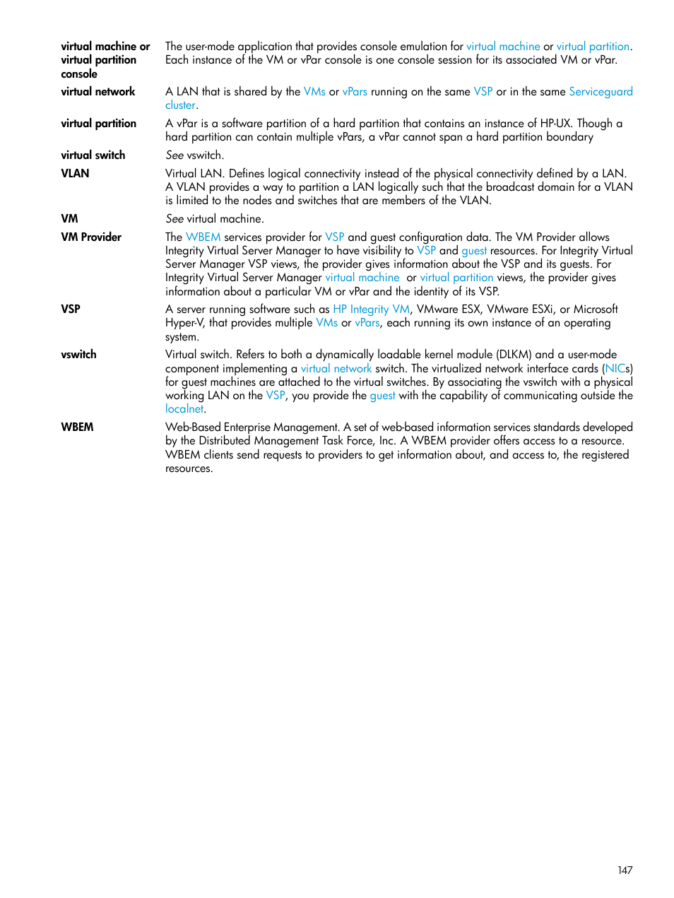 Vm provider, Virtual partition, Vswitch | Virtual partitions, Wbem | HP Matrix Operating Environment Software User Manual | Page 147 / 152