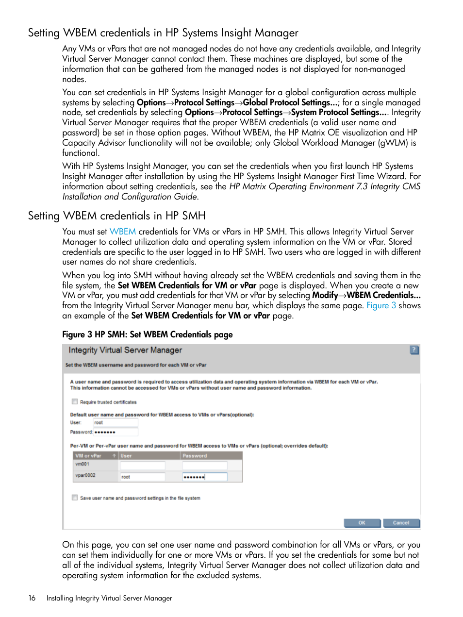 Setting wbem credentials in hp smh | HP Matrix Operating Environment Software User Manual | Page 16 / 152