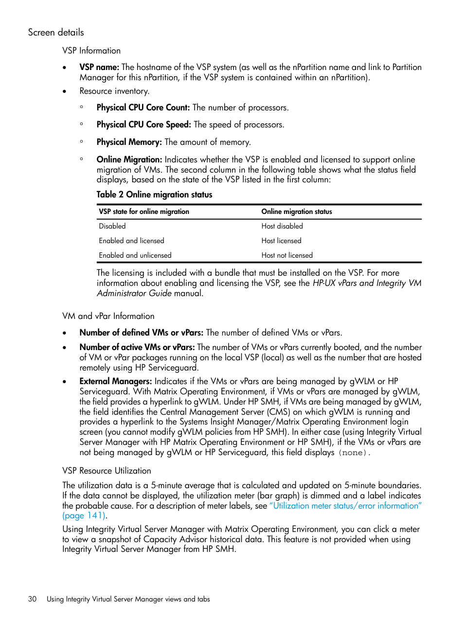 Screen details | HP Matrix Operating Environment Software User Manual | Page 30 / 152