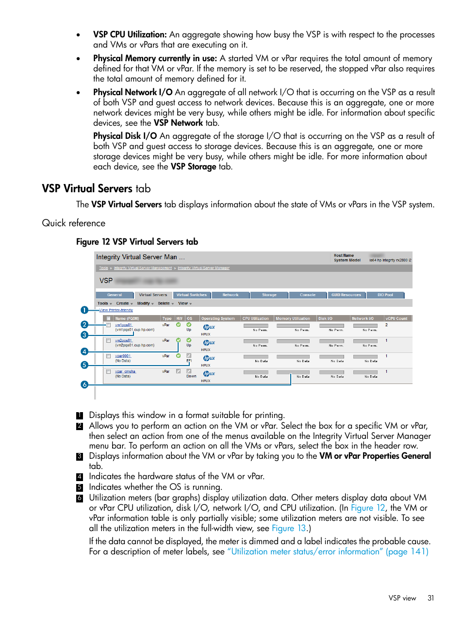 Vsp virtual servers tab, Quick reference | HP Matrix Operating Environment Software User Manual | Page 31 / 152