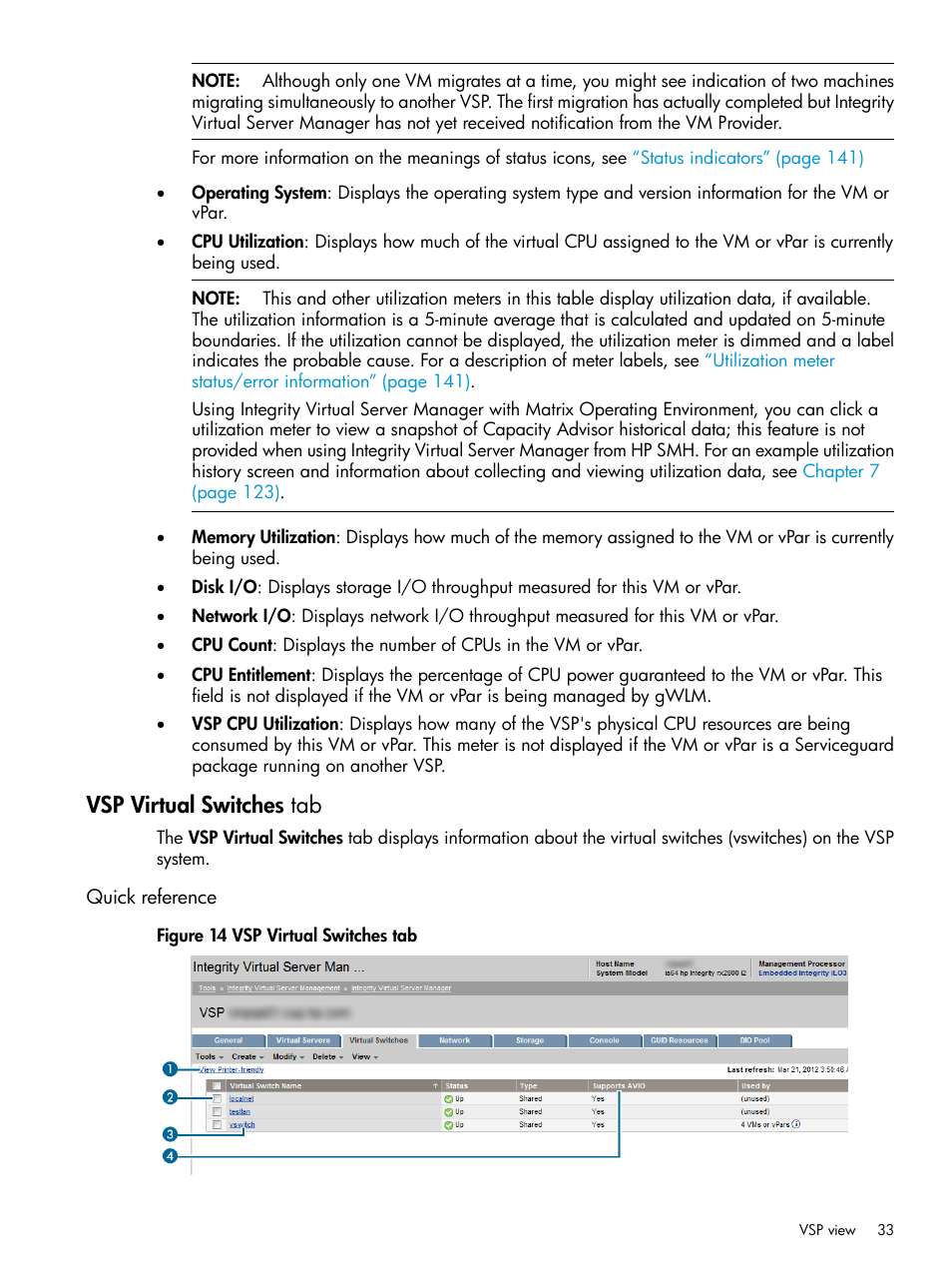 Vsp virtual switches tab, Quick reference | HP Matrix Operating Environment Software User Manual | Page 33 / 152