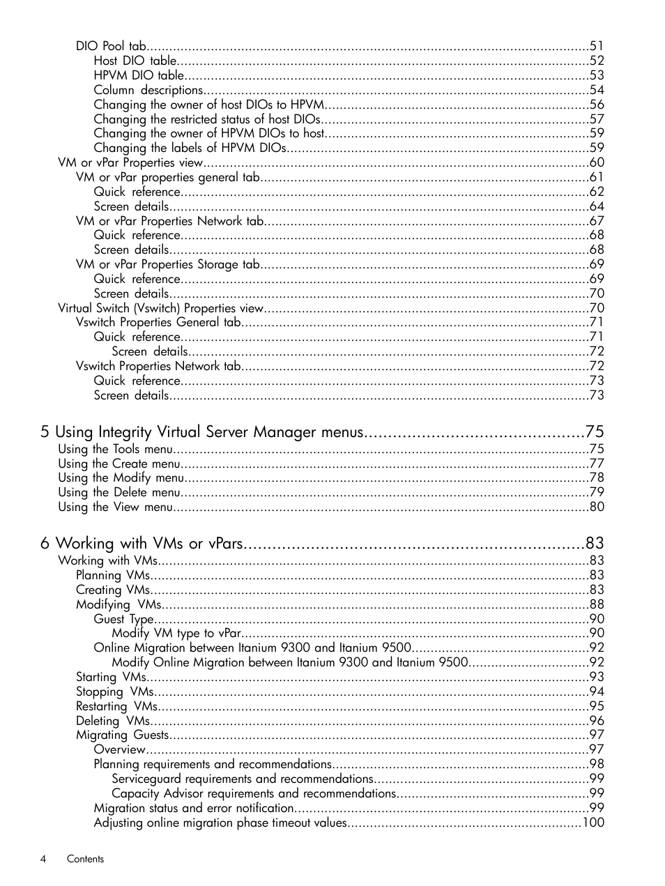 5 using integrity virtual server manager menus, 6 working with vms or vpars | HP Matrix Operating Environment Software User Manual | Page 4 / 152