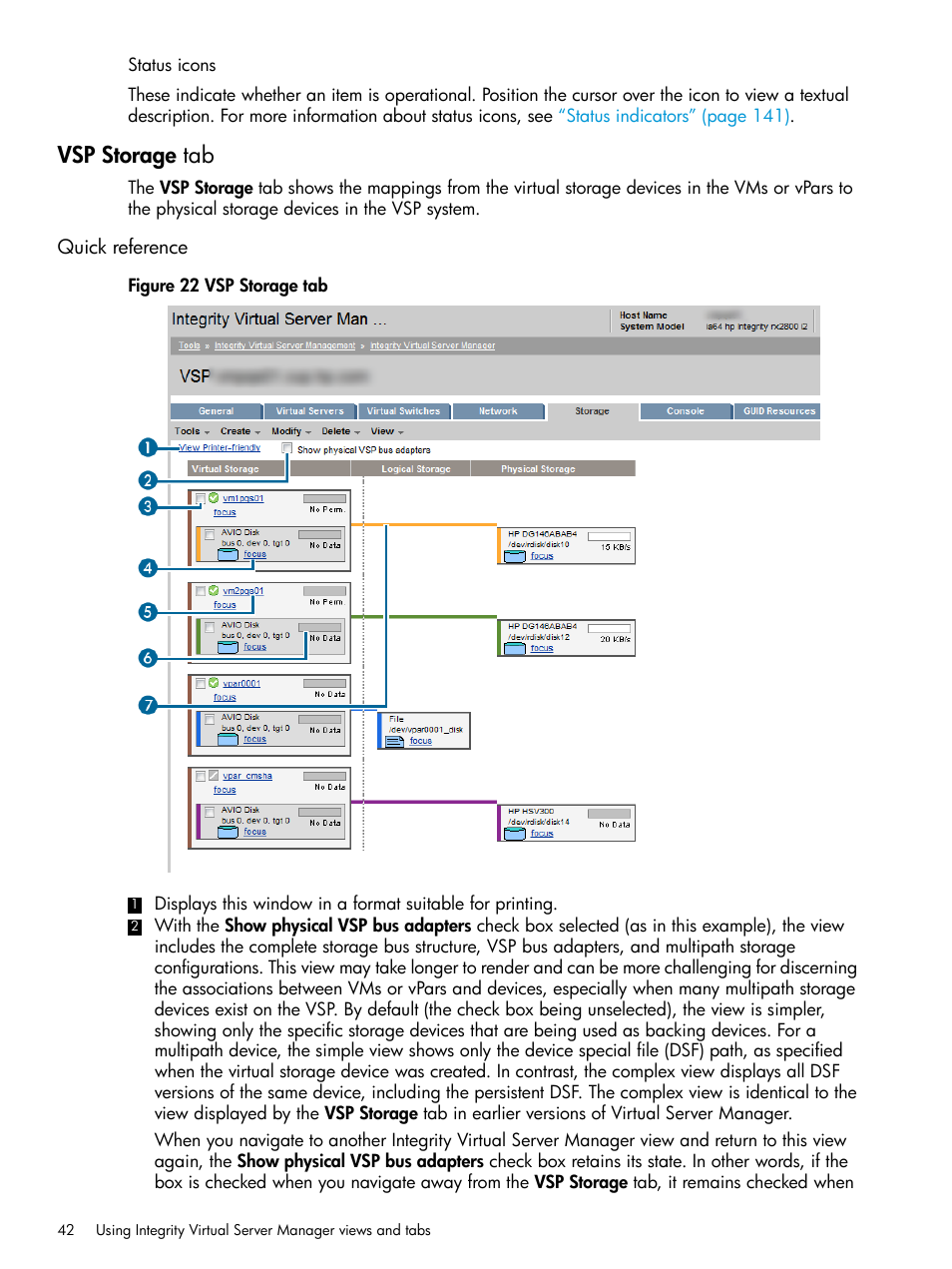 Vsp storage tab, Quick reference | HP Matrix Operating Environment Software User Manual | Page 42 / 152