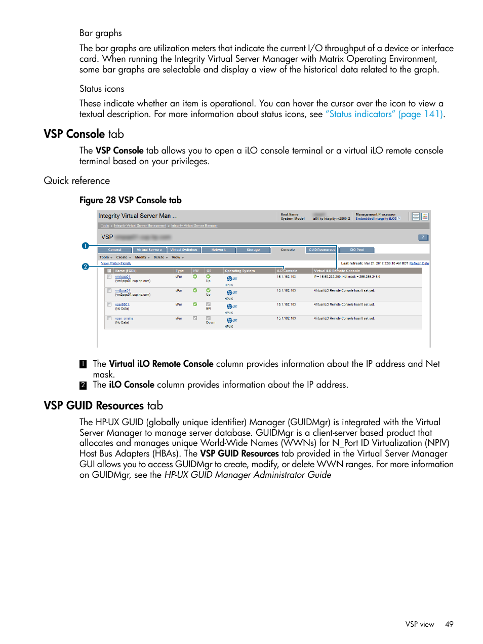 Vsp console tab, Quick reference, Vsp guid resources tab | HP Matrix Operating Environment Software User Manual | Page 49 / 152