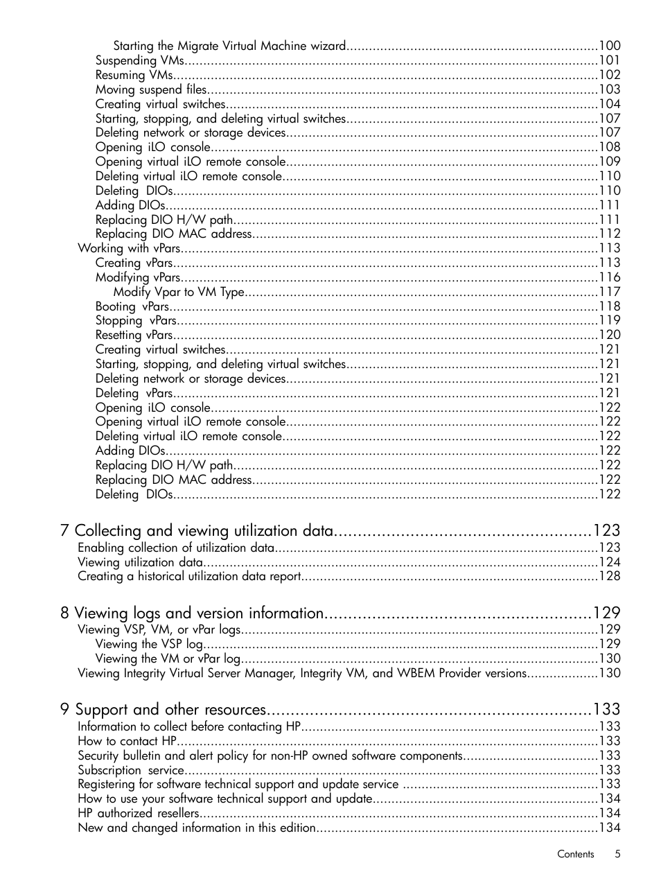 7 collecting and viewing utilization data, 8 viewing logs and version information, 9 support and other resources | HP Matrix Operating Environment Software User Manual | Page 5 / 152