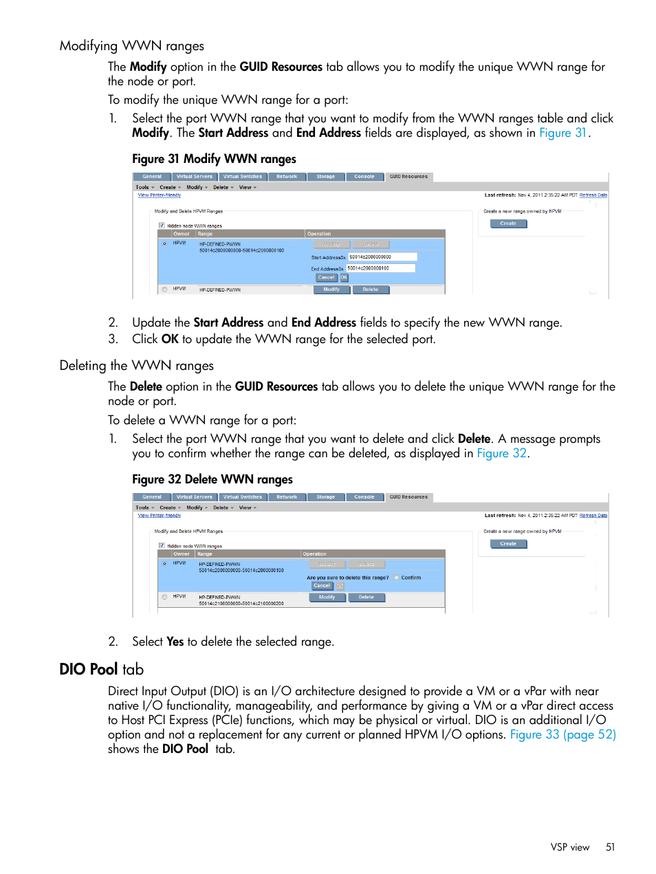 Modifying wwn ranges, Deleting the wwn ranges, Dio pool tab | Modifying wwn ranges deleting the wwn ranges | HP Matrix Operating Environment Software User Manual | Page 51 / 152