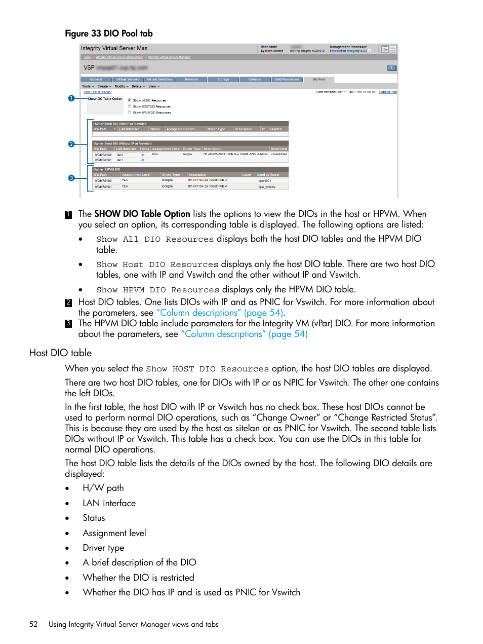 Host dio table | HP Matrix Operating Environment Software User Manual | Page 52 / 152