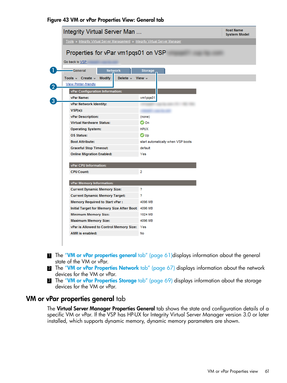 Vm or vpar properties general tab | HP Matrix Operating Environment Software User Manual | Page 61 / 152