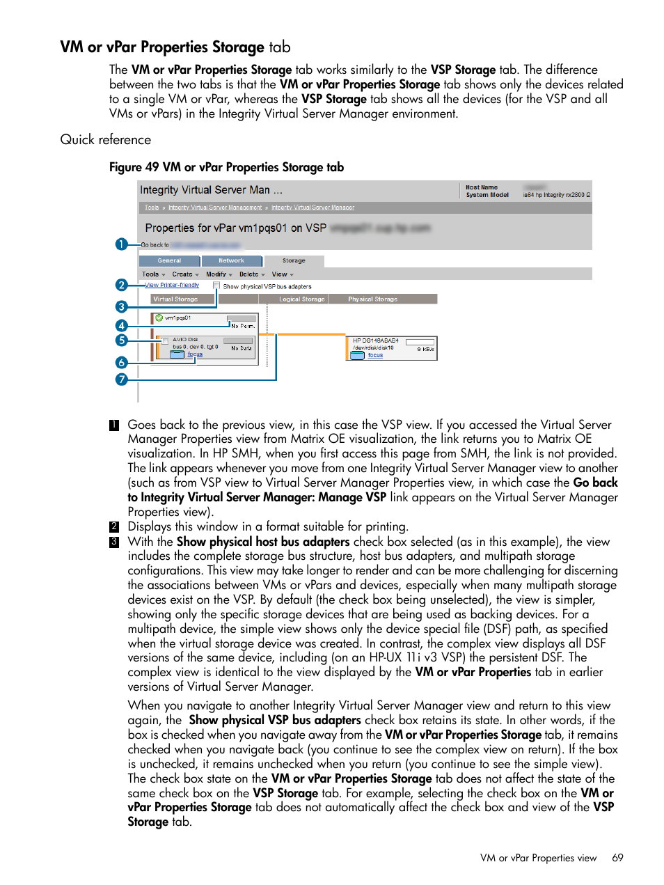 Vm or vpar properties storage tab, Quick reference | HP Matrix Operating Environment Software User Manual | Page 69 / 152