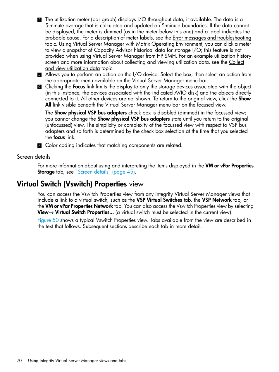 Screen details, Virtual switch (vswitch) properties view | HP Matrix Operating Environment Software User Manual | Page 70 / 152