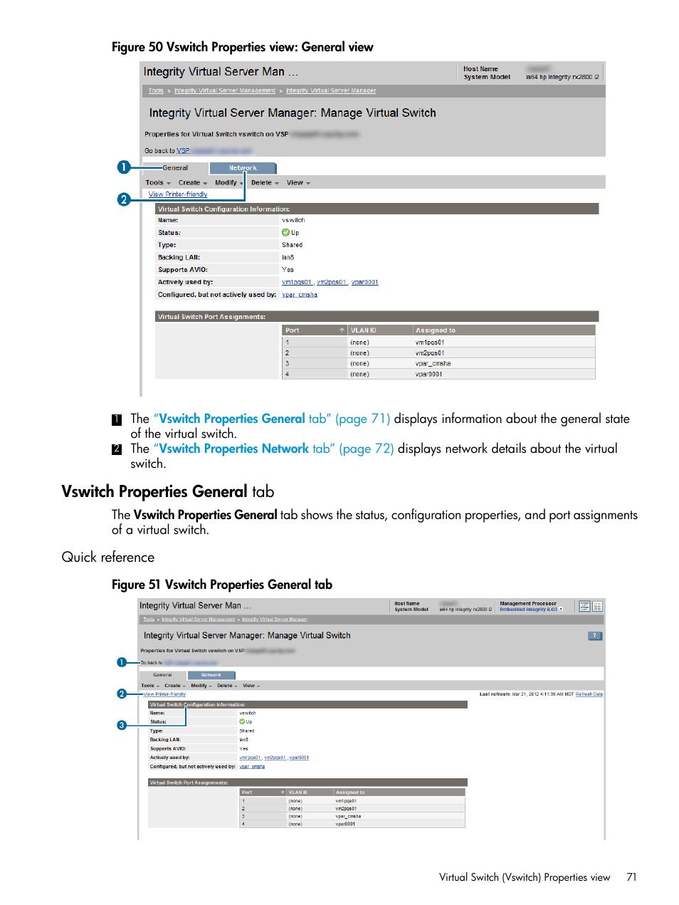 Vswitch properties general tab, Quick reference | HP Matrix Operating Environment Software User Manual | Page 71 / 152