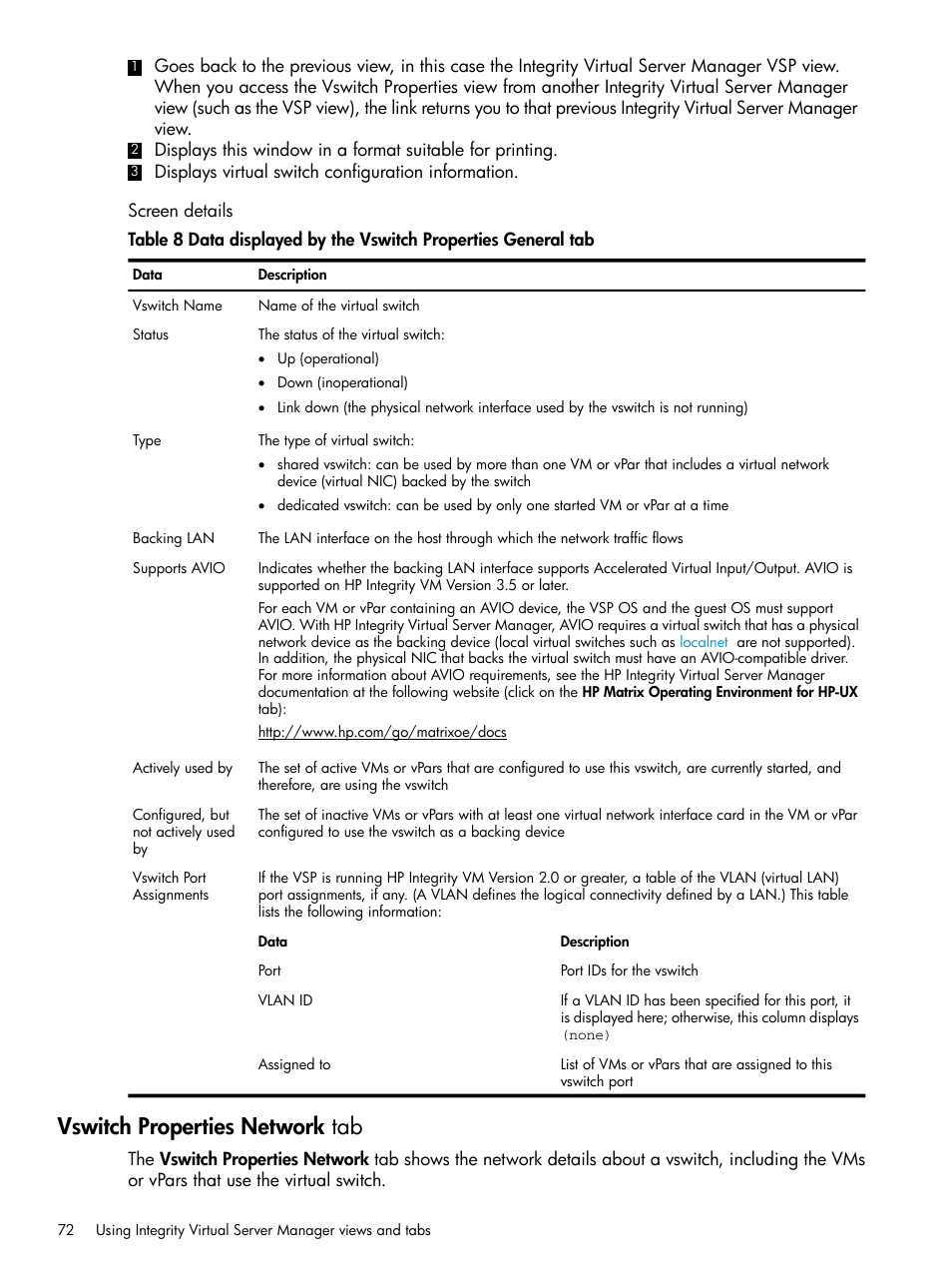 Screen details, Vswitch properties network tab | HP Matrix Operating Environment Software User Manual | Page 72 / 152