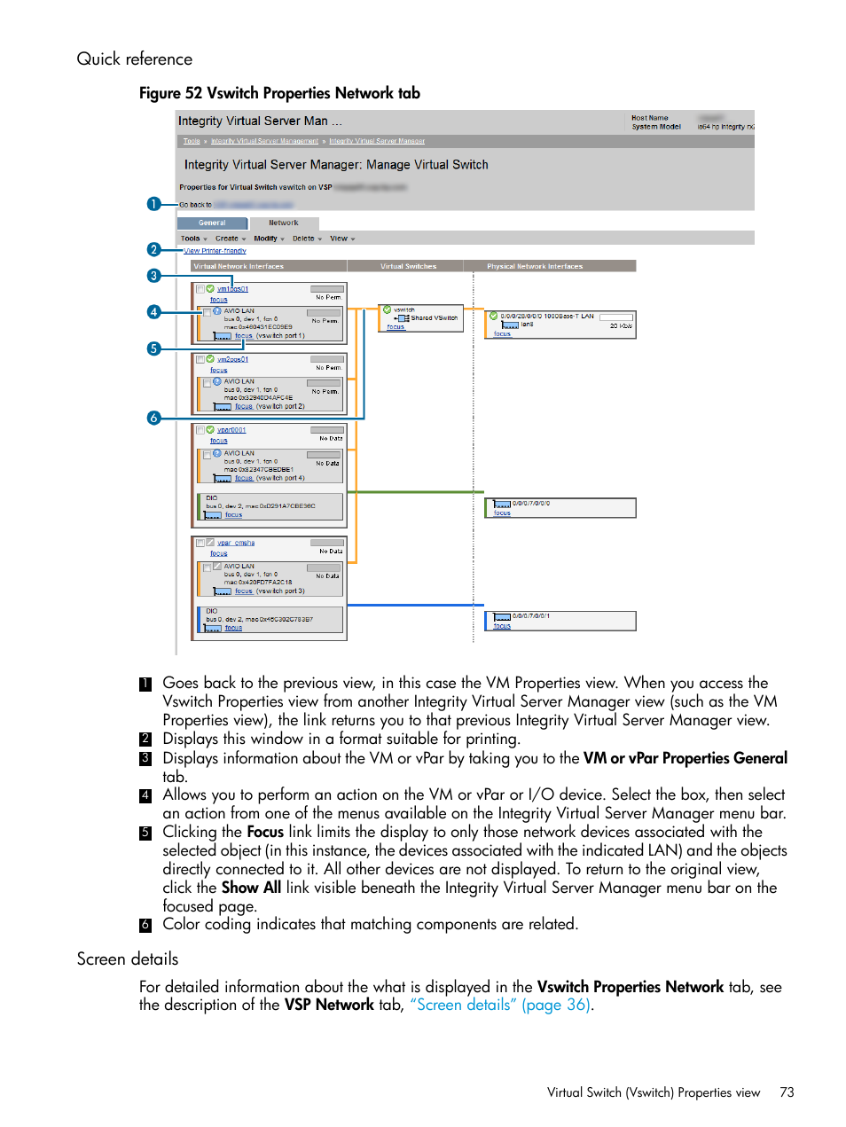 Quick reference, Screen details, Quick reference screen details | HP Matrix Operating Environment Software User Manual | Page 73 / 152