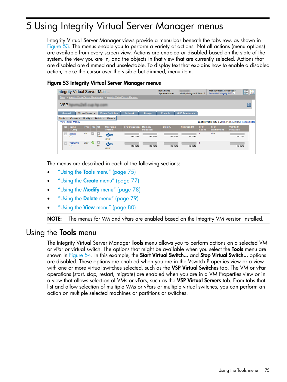 5 using integrity virtual server manager menus, Using the tools menu | HP Matrix Operating Environment Software User Manual | Page 75 / 152