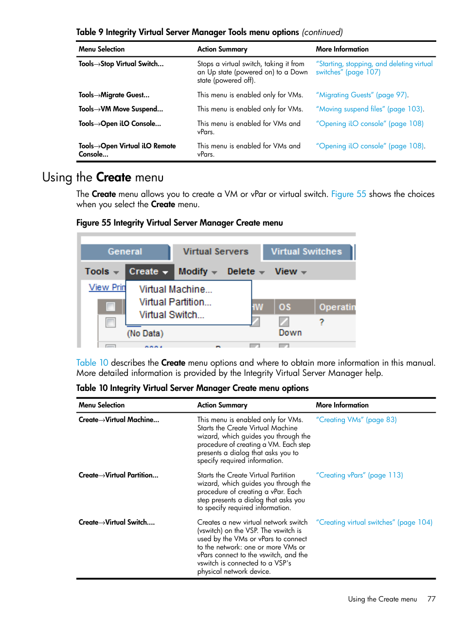 Using the create menu | HP Matrix Operating Environment Software User Manual | Page 77 / 152