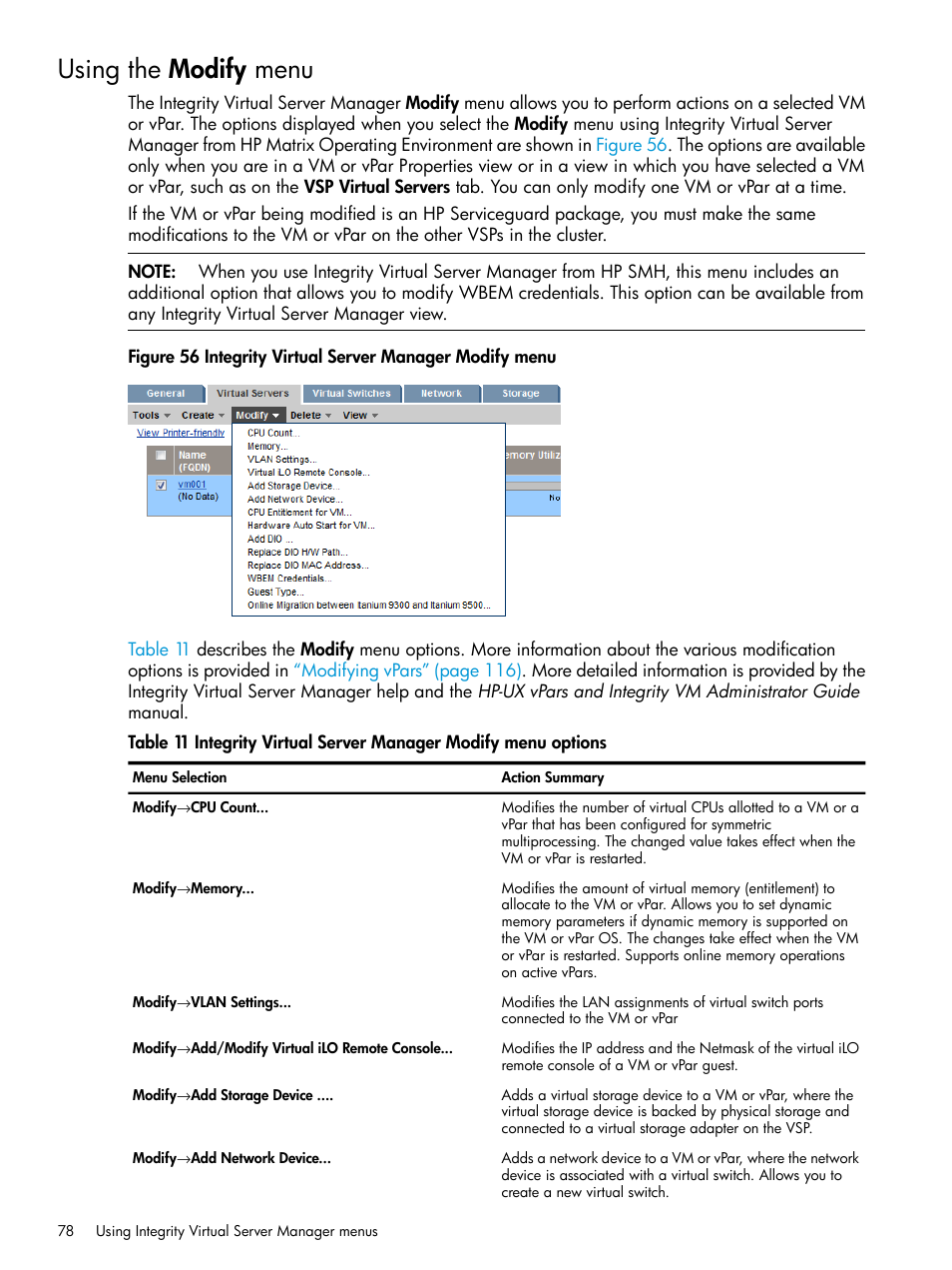 Using the modify menu | HP Matrix Operating Environment Software User Manual | Page 78 / 152