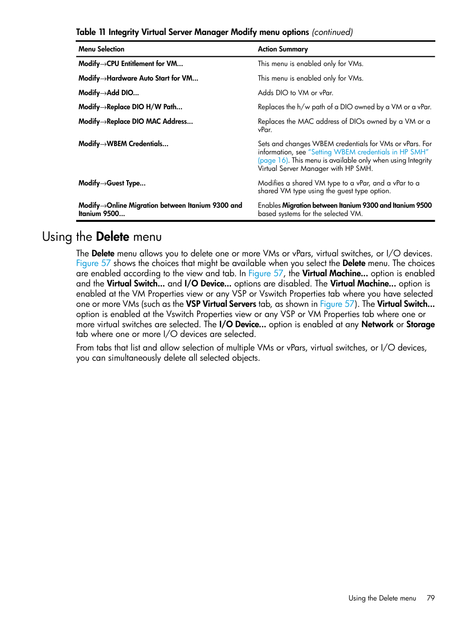 Using the delete menu | HP Matrix Operating Environment Software User Manual | Page 79 / 152