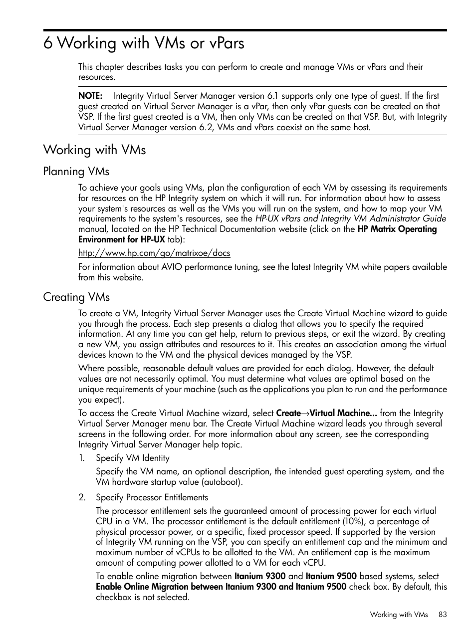 6 working with vms or vpars, Working with vms, Planning vms | Creating vms, Planning vms creating vms | HP Matrix Operating Environment Software User Manual | Page 83 / 152