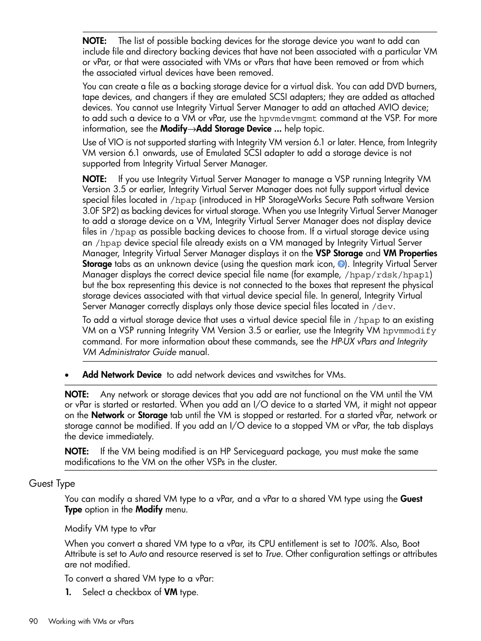 Guest type, Modify vm type to vpar | HP Matrix Operating Environment Software User Manual | Page 90 / 152