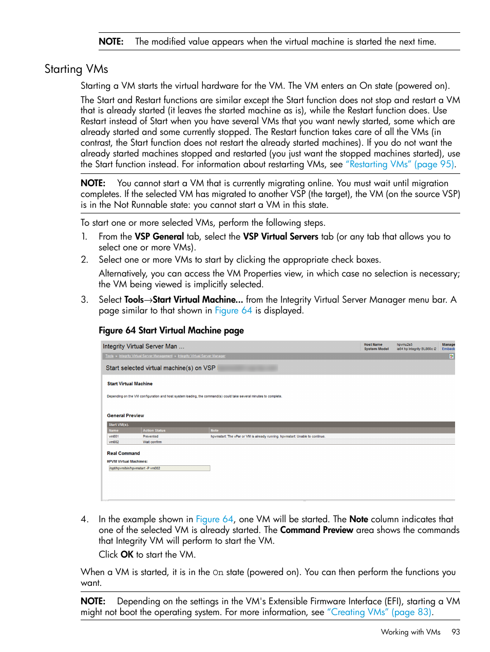 Starting vms | HP Matrix Operating Environment Software User Manual | Page 93 / 152