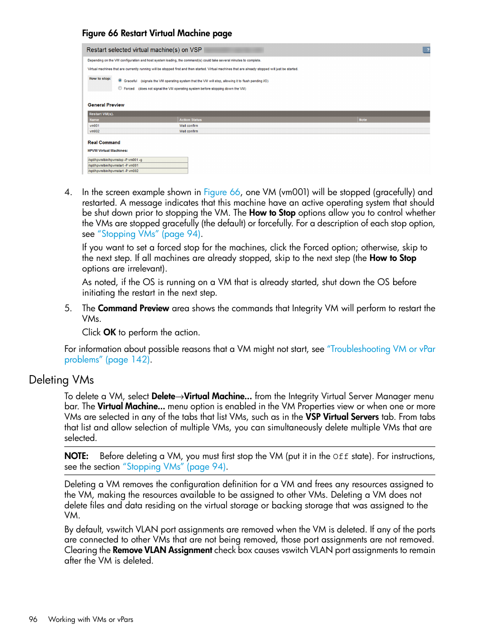 Deleting vms | HP Matrix Operating Environment Software User Manual | Page 96 / 152